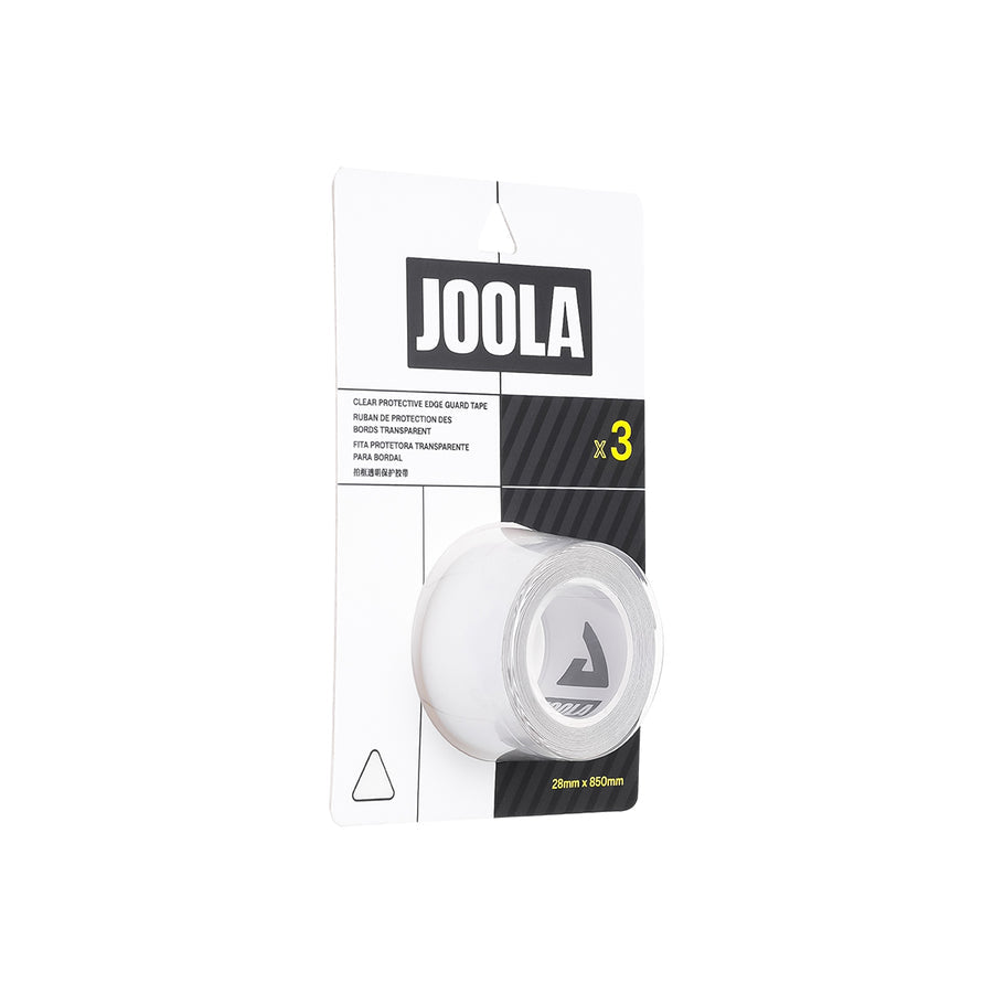 A package of JOOLA Pickleball Clear Edge Guard Tape (28mm or 30mm), featuring three rolls of transparent tape for your paddle, is shown against a white background.