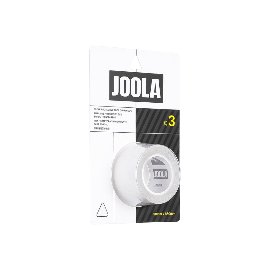 The JOOLA Pickleball Clear Edge Guard Tape, available in 28mm or 30mm, comes in a pack of three transparent rolls from JOOLA, displayed in its original packaging for your pickleball paddle.