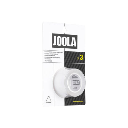 The JOOLA Pickleball Clear Edge Guard Tape, available in 28mm or 30mm, comes in a pack of three transparent rolls from JOOLA, displayed in its original packaging for your pickleball paddle.
