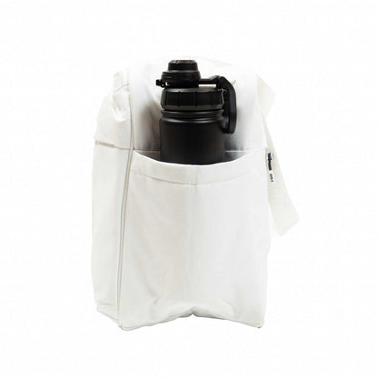 The JOOLA Overnighter Puff Bag, a white fabric pickleball bag by JOOLA, features durable construction and an external pocket holding a black water bottle, shown against a plain white background.