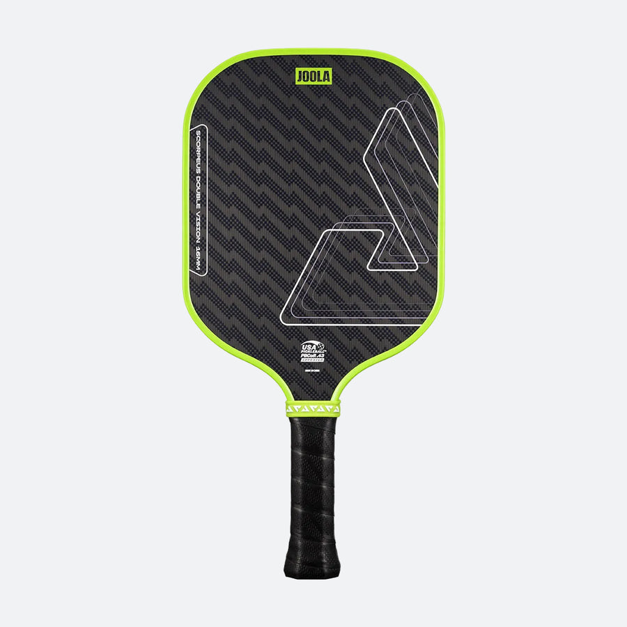 The JOOLA Double Vision Scorpeus 16mm Pickleball Paddle features a black design with a neon green edge, patterned face, and black grip—ideal for advanced players—shown against a plain light background.