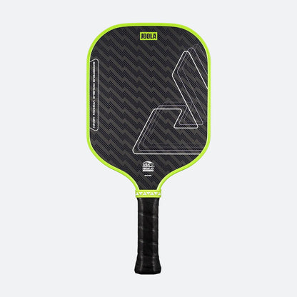 The JOOLA Double Vision Scorpeus 16mm Pickleball Paddle features a black design with a neon green edge, patterned face, and black grip—ideal for advanced players—shown against a plain light background.