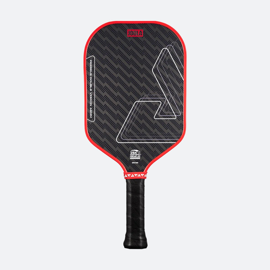 The JOOLA Double Vision Perseus 16mm Pickleball Paddle, featuring a black and red geometric design, textured surface, black grip handle, and advanced Double Vision technology, is shown against a plain light gray background.
