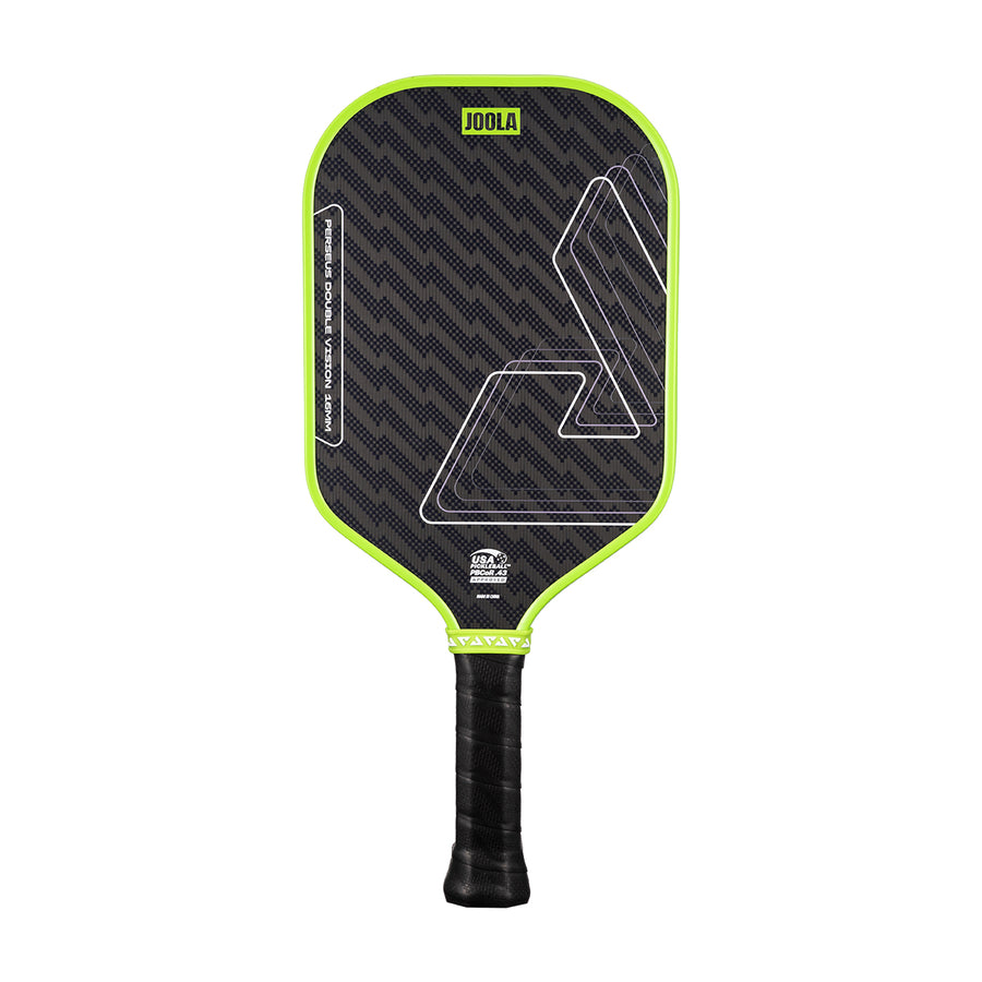The JOOLA Double Vision Perseus 16mm Pickleball Paddle features a black textured face, green trim, geometric design, Double Vision technology, and a comfortable black grip handle.