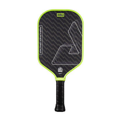 The JOOLA Double Vision Perseus 16mm Pickleball Paddle features a black textured face, green trim, geometric design, Double Vision technology, and a comfortable black grip handle.