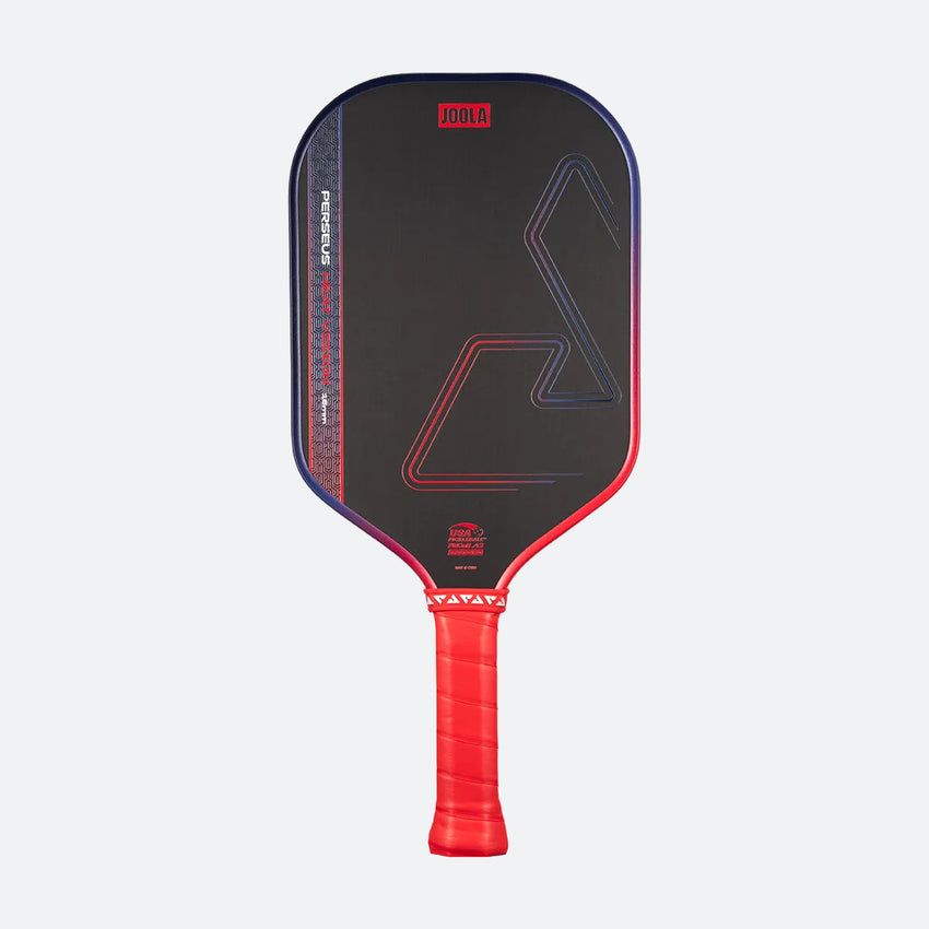 The JOOLA Heat Vision Perseus 16mm Pickleball Paddle, black with red and blue accents plus a red handle, is shown against a plain light background.