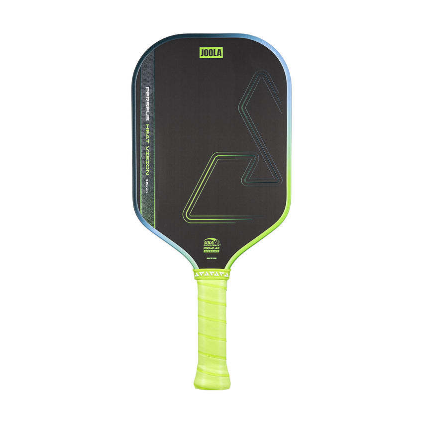 The JOOLA Heat Vision Perseus 16mm Pickleball Paddle features a black face with neon green edge and grip, a geometric surface design, and a durable 16mm core for outstanding control and power.