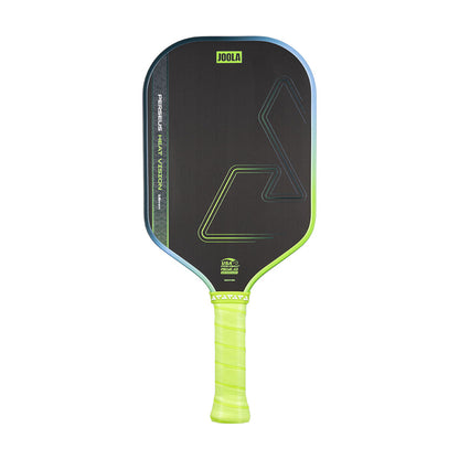 The JOOLA Heat Vision Perseus 16mm Pickleball Paddle features a black face with neon green edge and grip, a geometric surface design, and a durable 16mm core for outstanding control and power.