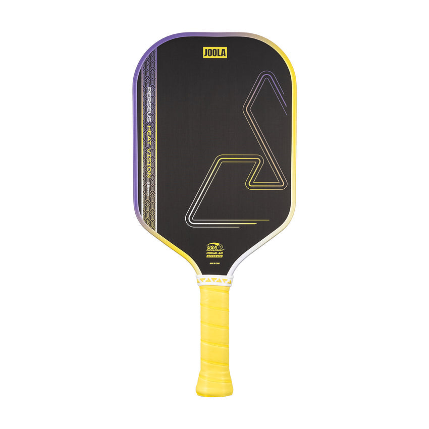 The JOOLA Heat Vision Perseus 16mm Pickleball Paddle features a black design with yellow and gray geometric accents, a yellow grip handle, and a 16mm core for enhanced control.