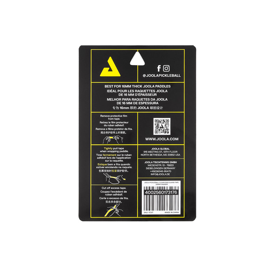 Back of JOOLA Pickleball Clear Edge Guard Tape 28mm or 30mm packaging shows clear tape instructions, product details, barcode, and social media info—all on a sleek black background.