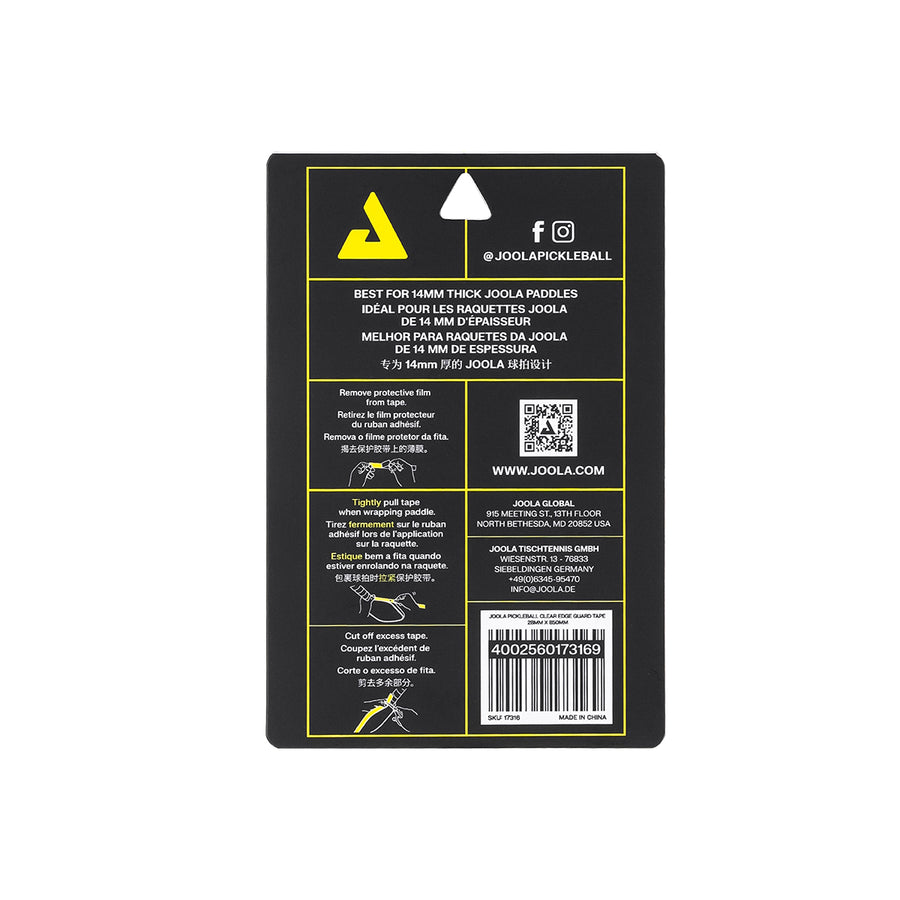 Black JOOLA Pickleball Clear Edge Guard Tape (28mm or 30mm) packaging includes usage instructions, barcode, social media info, and details about edge guard tape on the back in multiple languages.