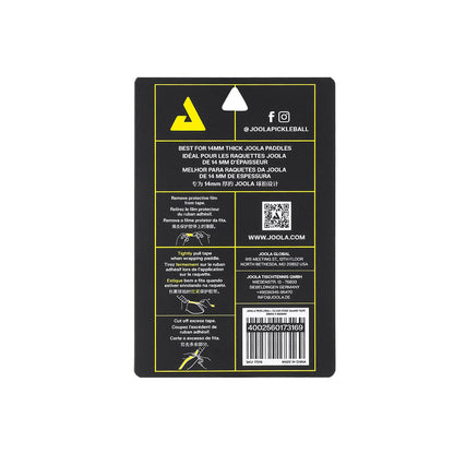 Black JOOLA Pickleball Clear Edge Guard Tape (28mm or 30mm) packaging includes usage instructions, barcode, social media info, and details about edge guard tape on the back in multiple languages.