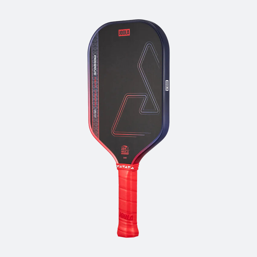 The JOOLA Heat Vision Perseus 16mm Pickleball Paddle in black and red features a textured surface, geometric design, and red grip handle, displayed against a plain light background.