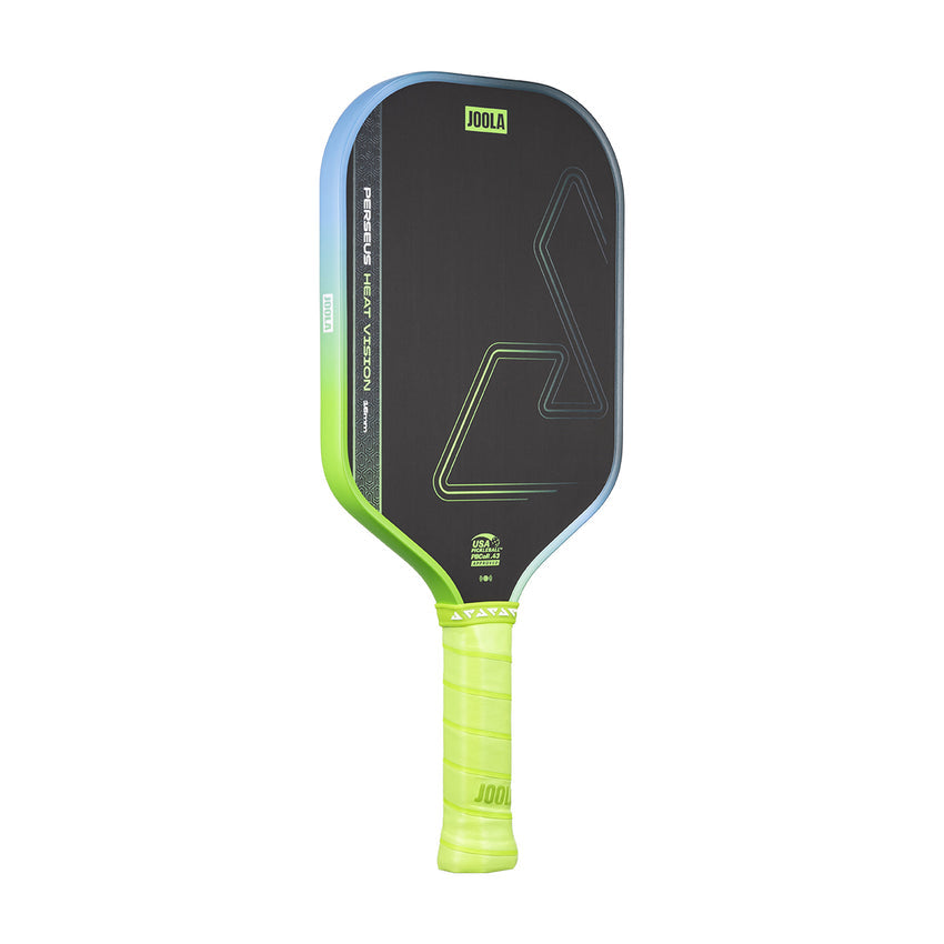 The JOOLA Heat Vision Perseus 16mm Pickleball Paddle features a black geometric face, enhanced control with its 16mm core, and a neon green handle.