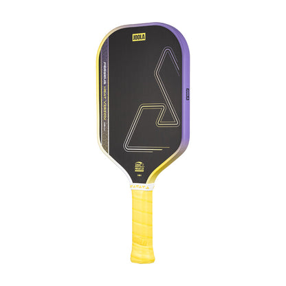 The JOOLA Heat Vision Perseus 16mm Pickleball Paddle features a black geometric design, yellow and purple edges, a yellow grip handle, and the JOOLA logo at the top.