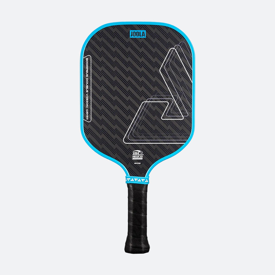 The JOOLA Double Vision Scorpeus 16mm Pickleball Paddle, featuring blue trim and a textured grip, is displayed on a light gray background—ideal for advanced players seeking high performance.