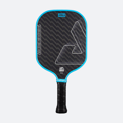 The JOOLA Double Vision Scorpeus 16mm Pickleball Paddle, featuring blue trim and a textured grip, is displayed on a light gray background—ideal for advanced players seeking high performance.