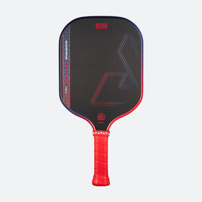The JOOLA Heat Vision Scorpeus 16mm Pickleball Paddle features a black design with red accents, a red grip, geometric patterns, the JOOLA logo at the top, and a 16mm core for enhanced control.
