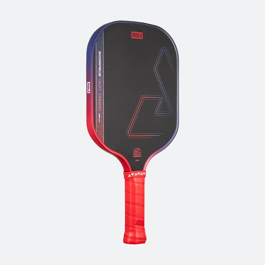 A JOOLA Heat Vision Scorpeus 16mm Pickleball Paddle in black and red with a textured face and red grip by JOOLA is displayed against a plain light background.