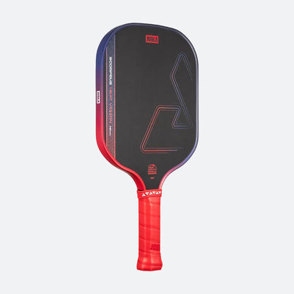 A JOOLA Heat Vision Scorpeus 16mm Pickleball Paddle in black and red with a textured face and red grip by JOOLA is displayed against a plain light background.