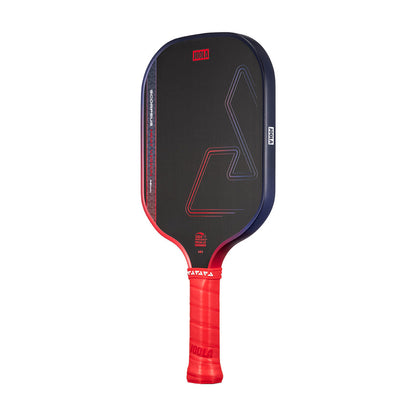 The JOOLA Heat Vision Scorpeus 16mm Pickleball Paddle, featuring a black and red design, textured face, and red grip, is displayed upright against a white background.