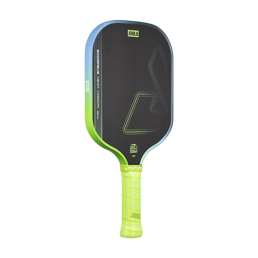 The JOOLA Heat Vision Scorpeus 16mm Pickleball Paddle by JOOLA has a black face, green and blue edges, a green handle, white branding, and a responsive 16mm core for superior performance.