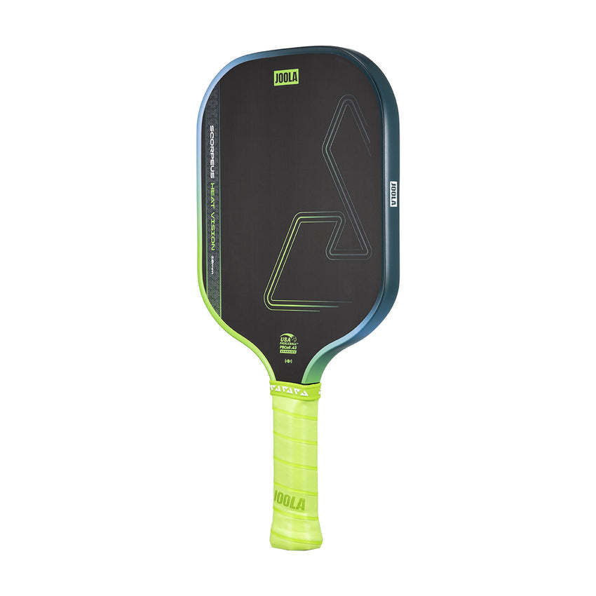 The JOOLA Heat Vision Scorpeus 16mm Pickleball Paddle features a black face, angular graphics, and a neon green grip.