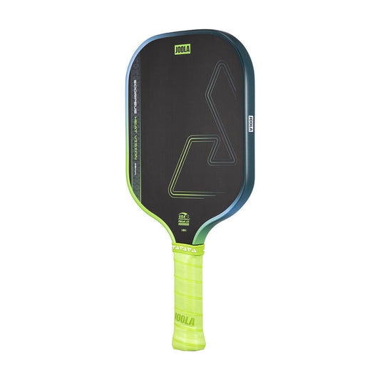The JOOLA Heat Vision Scorpeus 16mm Pickleball Paddle features a black face, angular graphics, and a neon green grip.