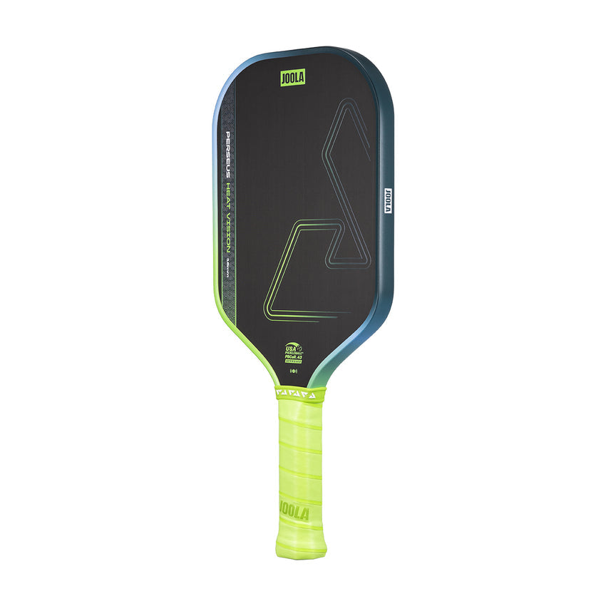 The JOOLA Heat Vision Perseus 16mm Pickleball Paddle features a black face with geometric graphics and a neon yellow handle.