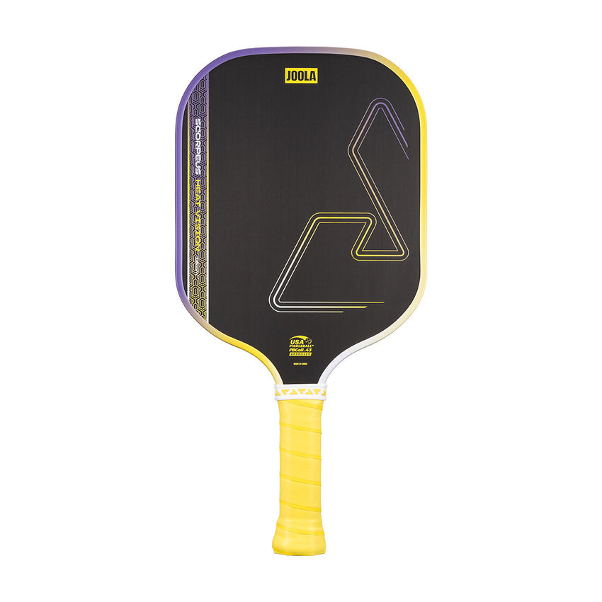 The JOOLA Heat Vision Scorpeus 16mm Pickleball Paddle boasts a sleek black geometric face, yellow grip and edge, and a 16mm core, delivering enhanced power and performance.