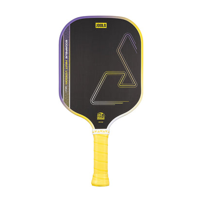 The JOOLA Heat Vision Scorpeus 16mm Pickleball Paddle boasts a sleek black geometric face, yellow grip and edge, and a 16mm core, delivering enhanced power and performance.