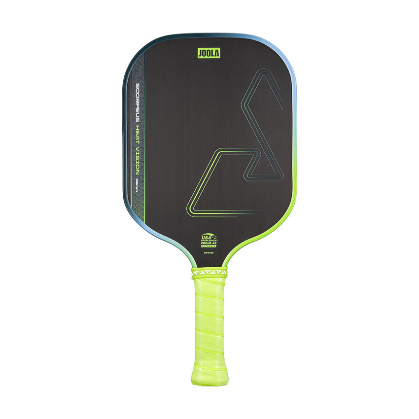 The JOOLA Heat Vision Scorpeus 16mm Pickleball Paddle features a black face, neon green accents, and a neon green grip, shown against a white background.