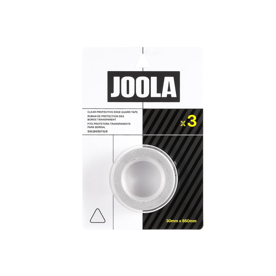 A package of JOOLA Pickleball Clear Edge Guard Tape by JOOLA, available in 28mm or 30mm widths, shown as a transparent roll labeled "30mm x 850mm" against a white and black background.