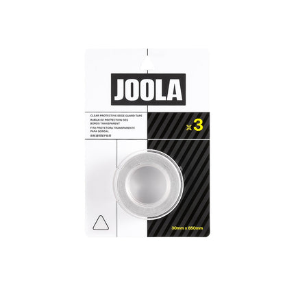 A package of JOOLA Pickleball Clear Edge Guard Tape by JOOLA, available in 28mm or 30mm widths, shown as a transparent roll labeled "30mm x 850mm" against a white and black background.