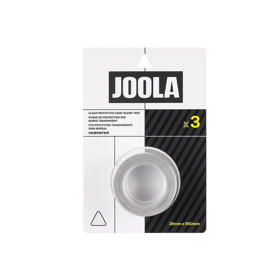 JOOLA Pickleball Clear Edge Guard Tape, 28mm x 850mm, comes in a white and black card. Set includes 3 rolls.
