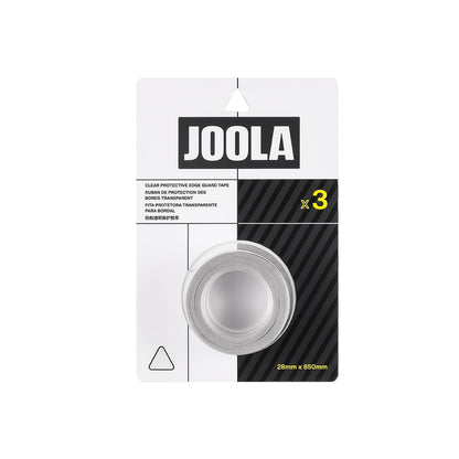 JOOLA Pickleball Clear Edge Guard Tape, 28mm x 850mm, comes in a white and black card. Set includes 3 rolls.