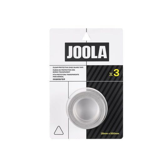 JOOLA Pickleball Clear Edge Guard Tape, 28mm x 850mm, comes in a white and black card. Set includes 3 rolls.