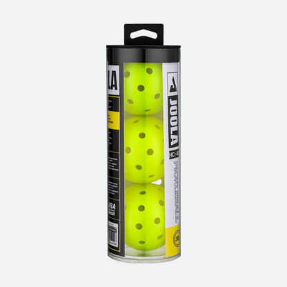A clear cylindrical container holds three JOOLA HC-40 Shock Yellow pickleballs, labeled with Pickleballist branding—ideal for those seeking durable tournament balls.