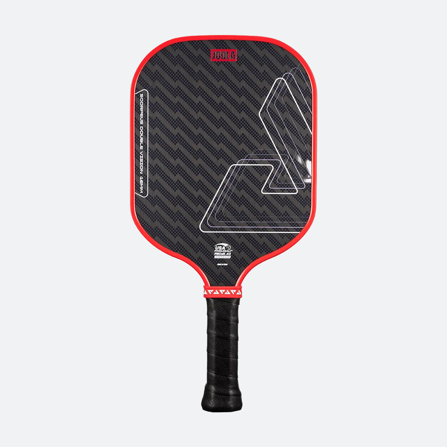 The JOOLA Double Vision Scorpeus 16mm Pickleball Paddle features a black design with red border, textured surface, and black wrapped handle—shown against a plain background—perfect for advanced players seeking precision.