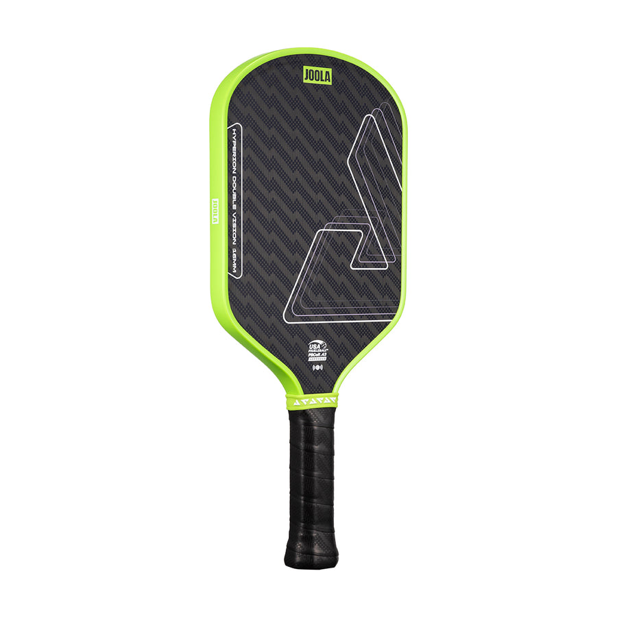 The JOOLA Double Vision Hyperion 16mm Pickleball Paddle features a black and green design with a textured face and black grip handle.