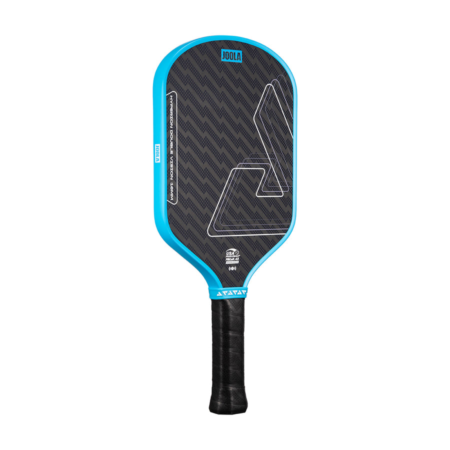 The JOOLA Double Vision Hyperion 16mm Pickleball Paddle features a black and blue design with a textured surface, geometric patterns, and the JOOLA logo on the face.