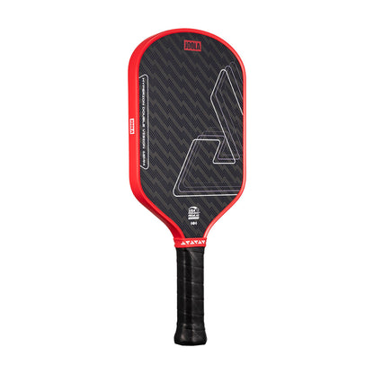 The JOOLA Double Vision Hyperion 16mm Pickleball Paddle features a black and red geometric design, a textured surface, and a black grip handle.