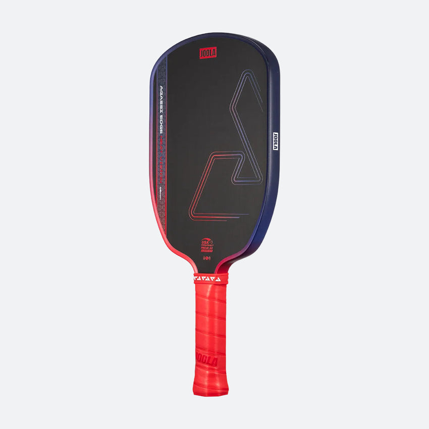 The JOOLA Heat Vision Agassi Edge 16mm Pickleball Paddle features a black design with red and blue accents, geometric lines on the face, innovative Heat Vision technology, and a red textured grip handle.