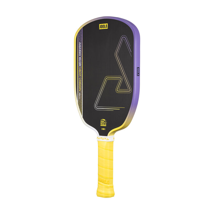 The JOOLA Heat Vision Agassi Edge 16mm Pickleball Paddle features a black face with geometric yellow and gray design and a yellow grip handle.