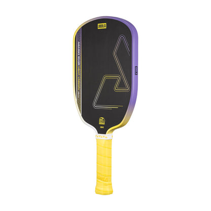 The JOOLA Heat Vision Agassi Edge 16mm Pickleball Paddle features a black face with geometric yellow and gray design and a yellow grip handle.