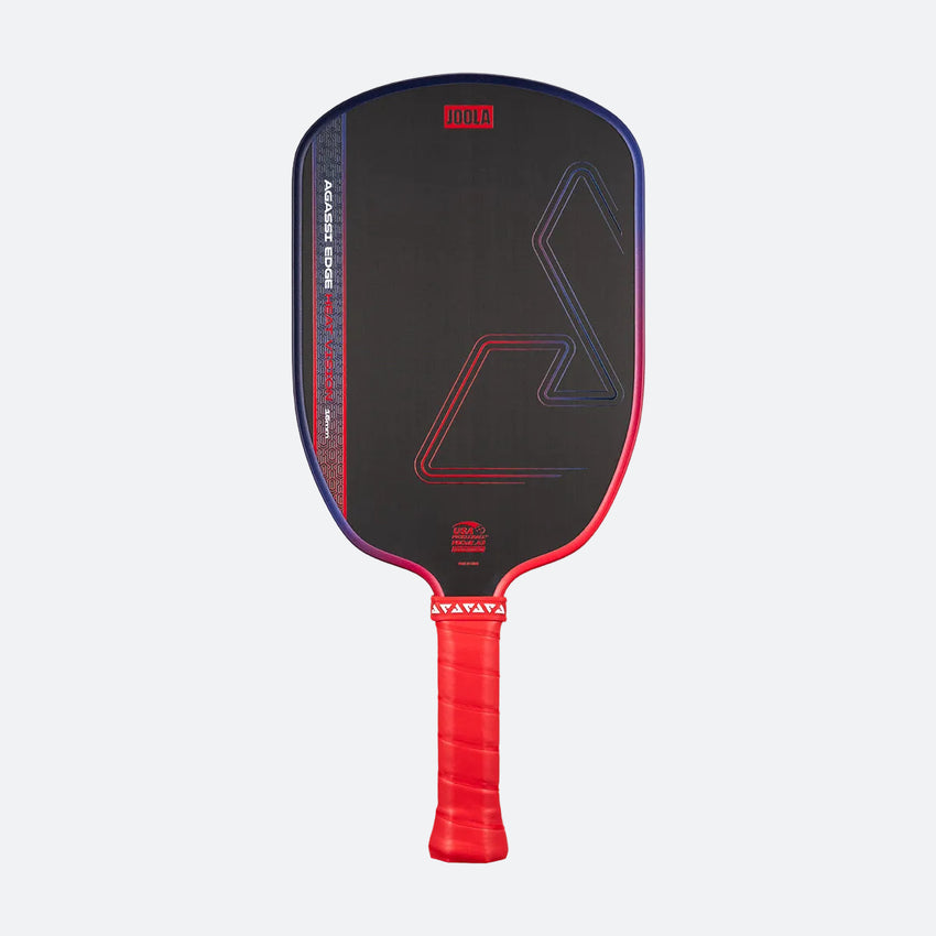 The JOOLA Heat Vision Agassi Edge 16mm Pickleball Paddle features a black design with red and blue accents, a red handle, geometric lines on the face, and advanced Heat Vision technology.