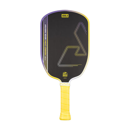 A black JOOLA Heat Vision Agassi Edge 16mm Pickleball Paddle with yellow and purple accents and a yellow grip, displayed on a white background.