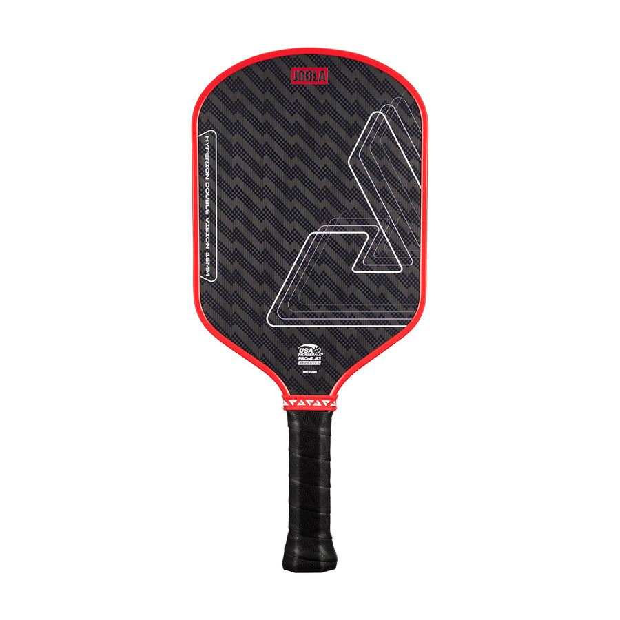 The JOOLA Double Vision Hyperion 16mm Pickleball Paddle by JOOLA features a black and red geometric design, a textured surface, and a black grip handle, displayed against a white background.