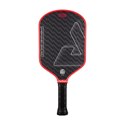 The JOOLA Double Vision Hyperion 16mm Pickleball Paddle by JOOLA features a black and red geometric design, a textured surface, and a black grip handle, displayed against a white background.