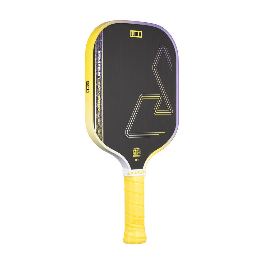 The JOOLA Heat Vision Scorpeus 16mm Pickleball Paddle features a black geometric face, yellow handle, and a 16mm core for enhanced control.